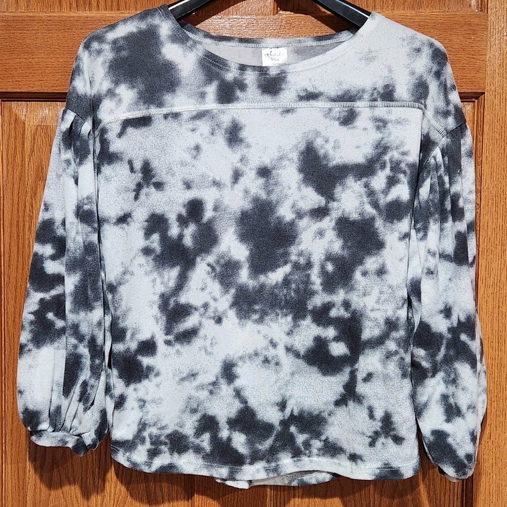 MODA BOUTIQUE Women's S Black White Gray Tie Dye Bubble Sleeve Top Sweater EUC